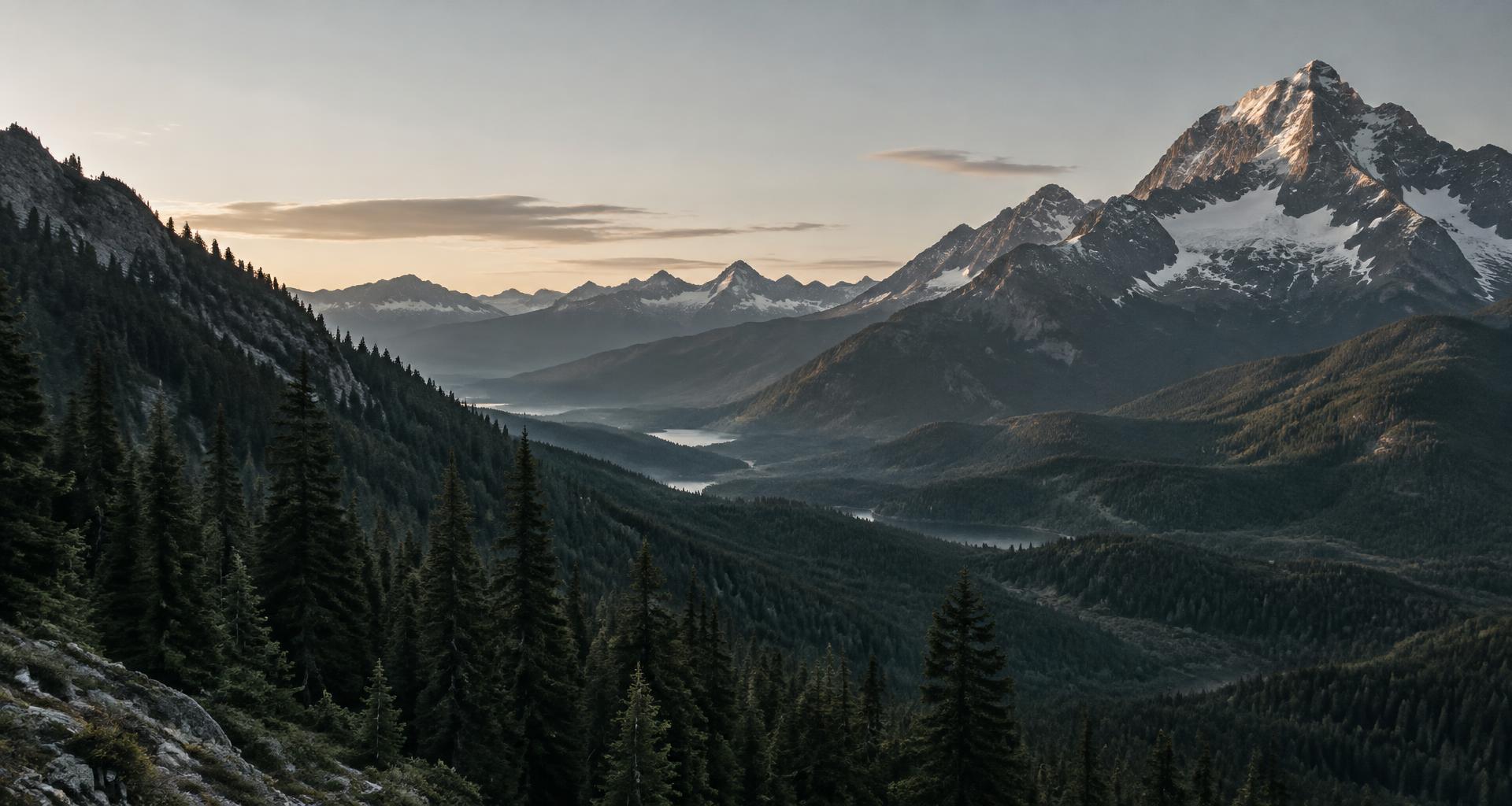 Rocky Mountain peaks overlooking a forested valley at dawn